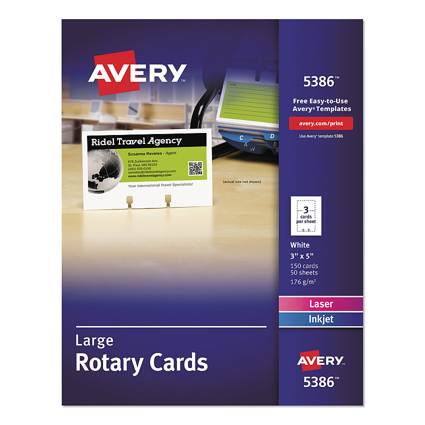 Avery Large Rotary Cards, Laser/Inkjet, 3 x 5, White, 3 Cards/Sheet, 150 Cards/Box (5386)