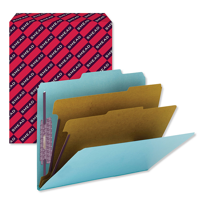 Smead Six-Section Pressboard Top Tab Classification Folders, Six SafeSHIELD Fasteners, 2 Dividers, Letter Size, Blue, 10/Box (14030)