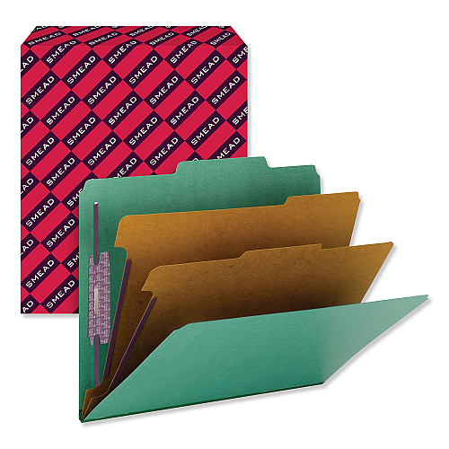 Smead Six-Section Pressboard Top Tab Classification Folders, Six SafeSHIELD Fasteners, 2 Dividers, Letter Size, Green, 10/Box (14033)