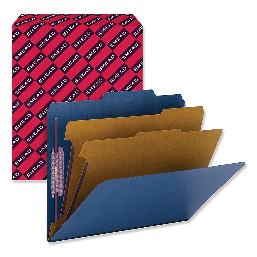 Smead Six-Section Pressboard Top Tab Classification Folders, Six SafeSHIELD Fasteners, 2 Dividers, Letter Size, Dark Blue, 10/Box (14032)