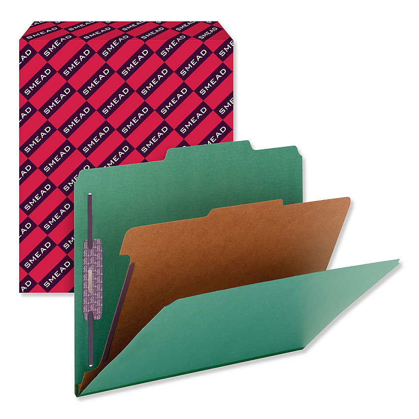 Smead Four-Section Pressboard Top Tab Classification Folders, Four SafeSHIELD Fasteners, 1 Divider, Letter Size, Green, 10/Box (13733)