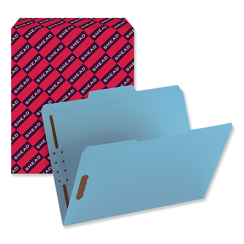 Smead Top Tab Colored Fastener Folders, 0.75" Expansion, 2 Fasteners, Letter Size, Blue Exterior, 50/Box (12040)