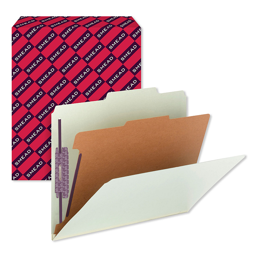 Smead Pressboard Classification Folders, Four SafeSHIELD Fasteners, 2/5-Cut Tabs, 1 Divider, Letter Size, Gray-Green, 10/Box (13776)