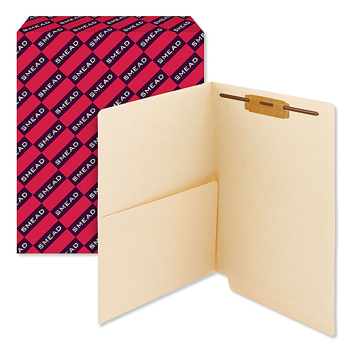 Smead Heavyweight End Tab Fastener Folders, Interior Front-Cover Pocket, 0.75" Expansion, 1 Fastener, Letter Size, Manila, 50/Box (34100)