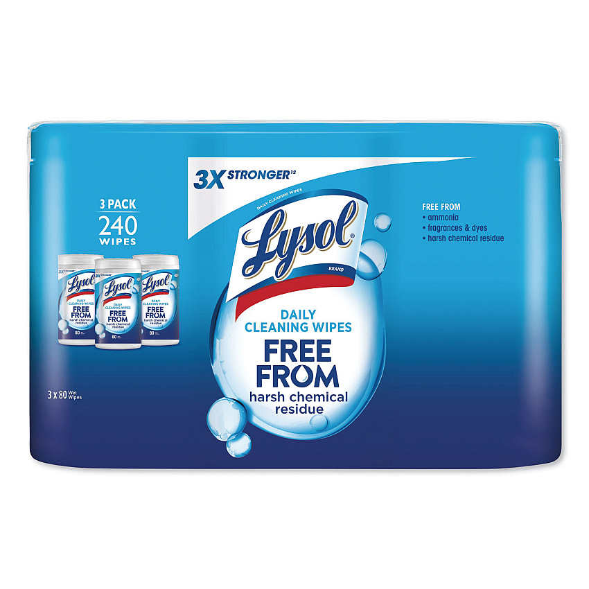Lysol Daily Cleansing Wipes, 8" x 7", White, 80 Wipes per Canister, 3 Canisters/Pack (99119PK)