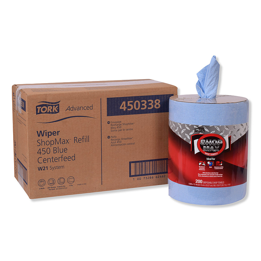 Tork&reg; Centerfeed ShopMax Wiper 450, Blue, 200 wipers, 2 Rolls (450338)