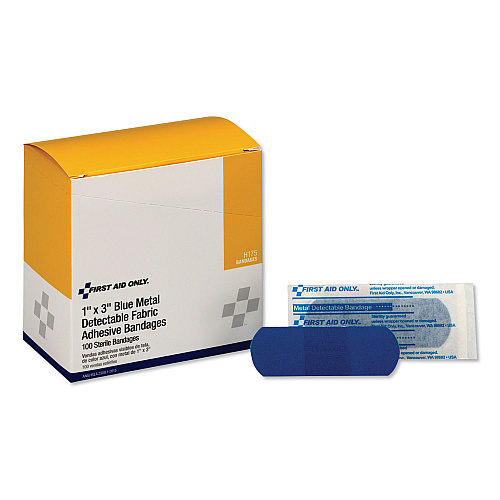 First Aid Only Adhesive Blue Metal Detectable Bandages, 1 x 3, Plastic with Foil, 100/Box, 12 Boxes/Carton (H175)