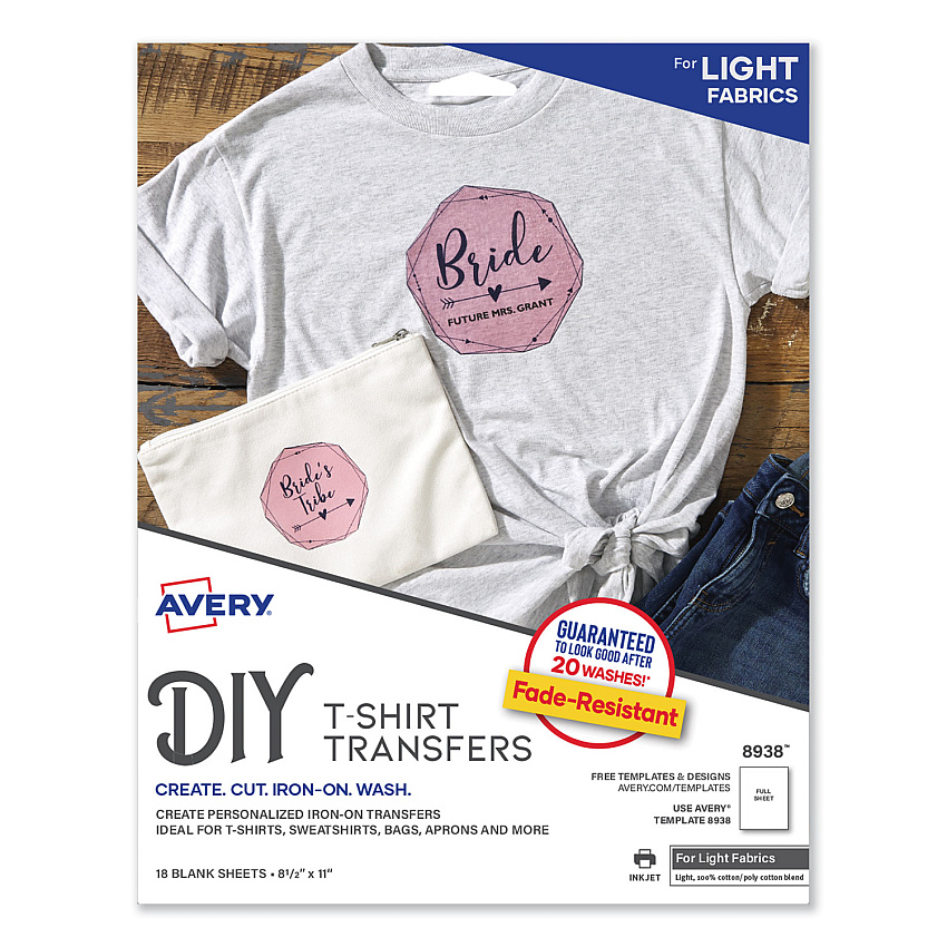 Avery Fabric Transfers, 8.5 x 11, White, 18/Pack (8938)
