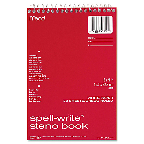 Mead Spell-Write Wirebound Steno Pad, Gregg Rule, Randomly Assorted Cover Colors, 80 White 6 x 9 Sheets (43082)