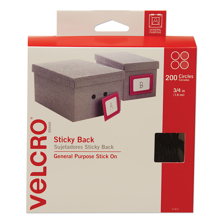 Velcro Sticky-Back Fasteners, Removable Adhesive, 0.75" dia, Black, 200/Box (91823)