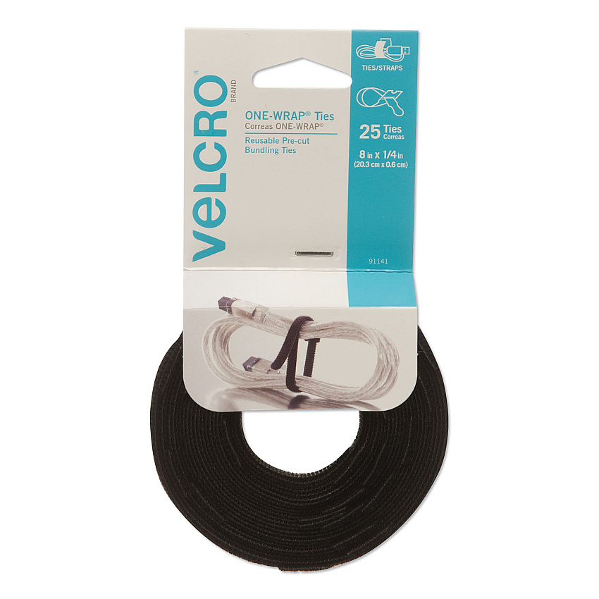 Velcro ONE-WRAP Pre-Cut Thin Ties, 0.25" x 8", Black, 25/Pack (91141)