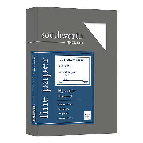 Southworth 25% Cotton Diamond White Business Paper, 95 Bright, 20 lb Bond Weight, 8.5 x 11, 500/Ream (3122010)