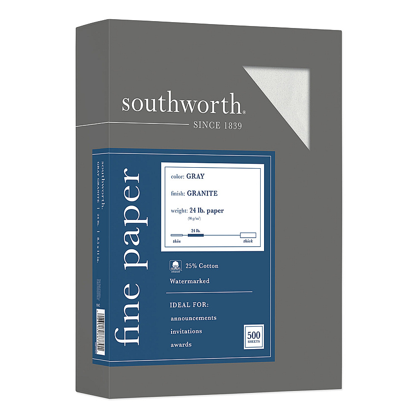 Southworth Granite Specialty Paper, 24 lb Bond Weight, 8.5 x 11, Gray, 500/Ream (914C)
