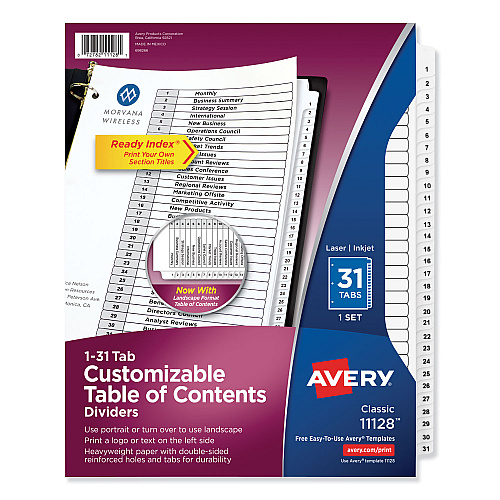 Avery Customizable TOC Ready Index Black and White Dividers, 31-Tab, 1 to 31, 11 x 8.5, 1 Set (11128)