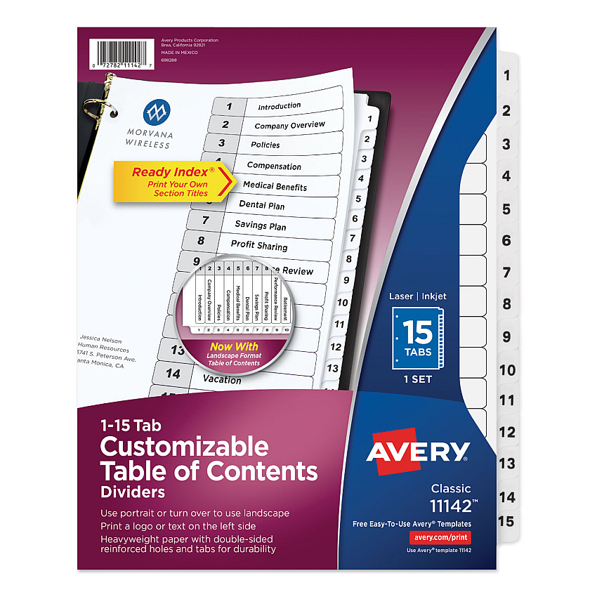 Avery Customizable TOC Ready Index Black and White Dividers, 15-Tab, 1 to 15, 11 x 8.5, 1 Set (11142)