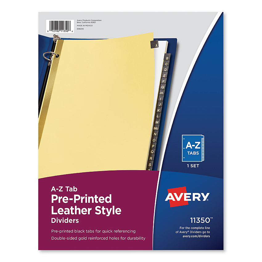 Avery Preprinted Black Leather Tab Dividers w/Gold Reinforced Edge, 25-Tab, A to Z, 11 x 8.5, Buff, 1 Set (11350)