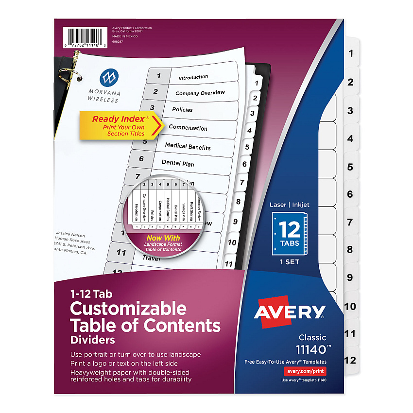 Avery Customizable TOC Ready Index Black and White Dividers, 12-Tab, 1 to 12, 11 x 8.5, 1 Set (11140)