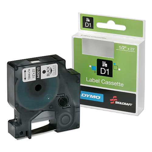 AbilityOne 7510016576747, SKILCRAFT Dymo Label Cassette, 0.5" x 23 ft, Black/Clear