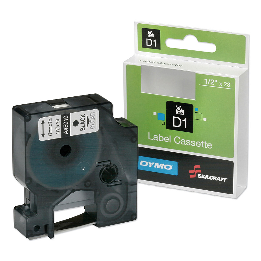 AbilityOne 7510016576747, SKILCRAFT Dymo Label Cassette, 0.5" x 23 ft, Black/Clear