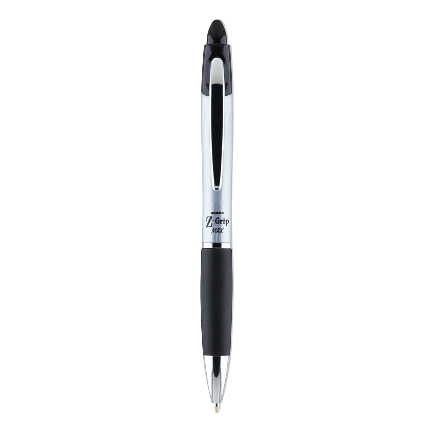 Zebra Z-Grip MAX Ballpoint Pen, Retractable, Medium 1 mm, Black Ink, Silver/Black Barrel, 12/Pack (22410)