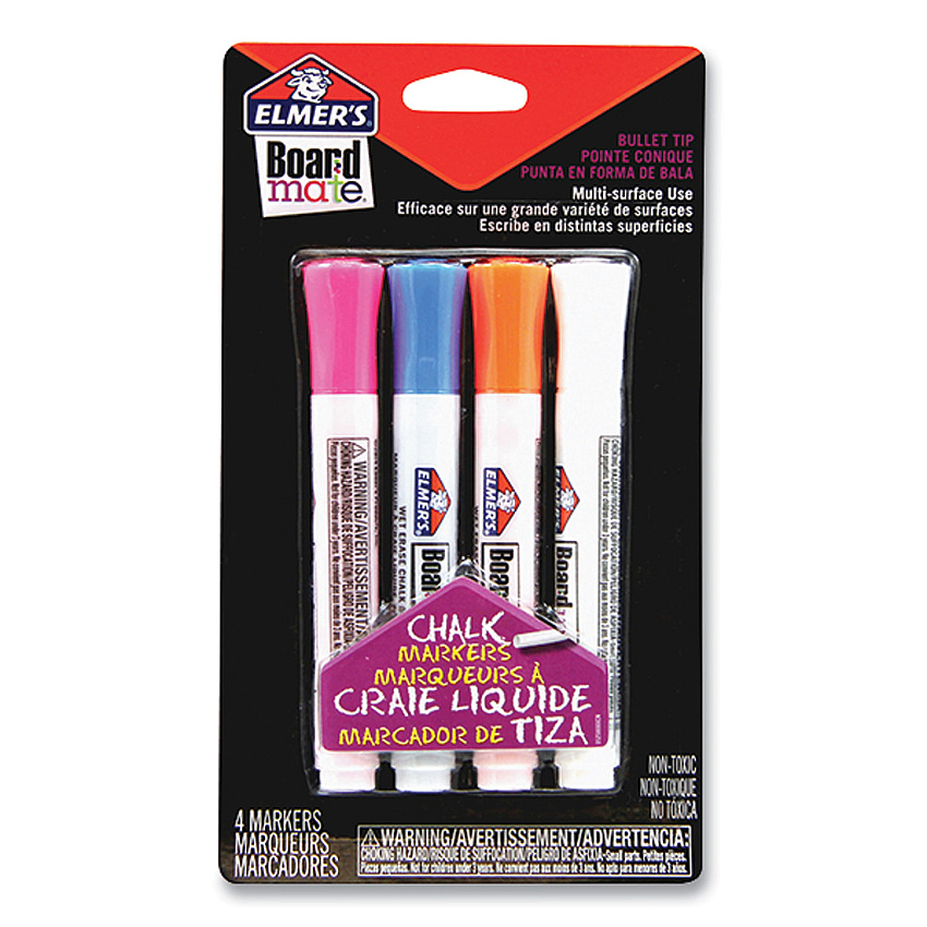 Elmer's Boardmate Wet Erase Chalk Markers, Broad Bullet Tip, Assorted Colors, 4/Pack (E152MELM)