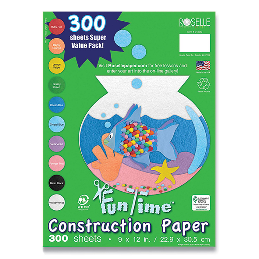 Roselle Vibrant Art Heavyweight Construction Paper, 76 lb Text Weight, 9 x 12, Assorted Colors, 300/Pack (CON01300)
