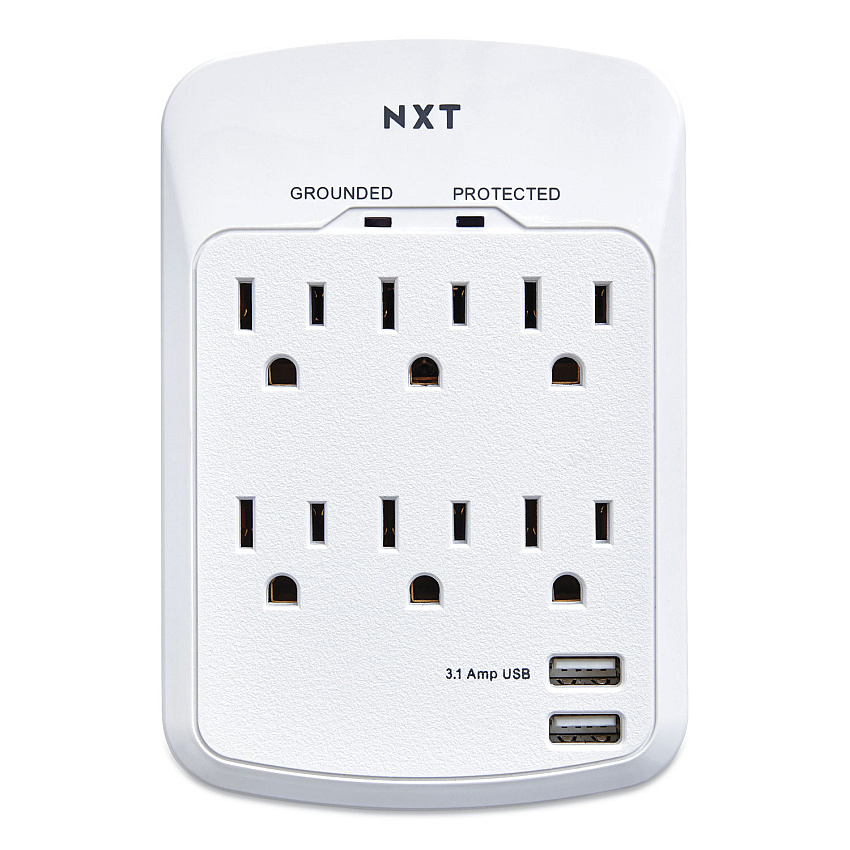 NXT Technologies Wall-Mount Surge Protector, 6 AC Outlets/2 USB Ports, 1,200 J, White (24324334)