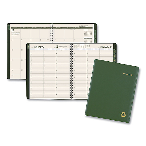 AT-A-GLANCE Recycled Weekly Vertical-Column Format Appointment Book, 11 x 8.25, Green Cover, 12-Month (Jan to Dec): 2026 (70950G60)
