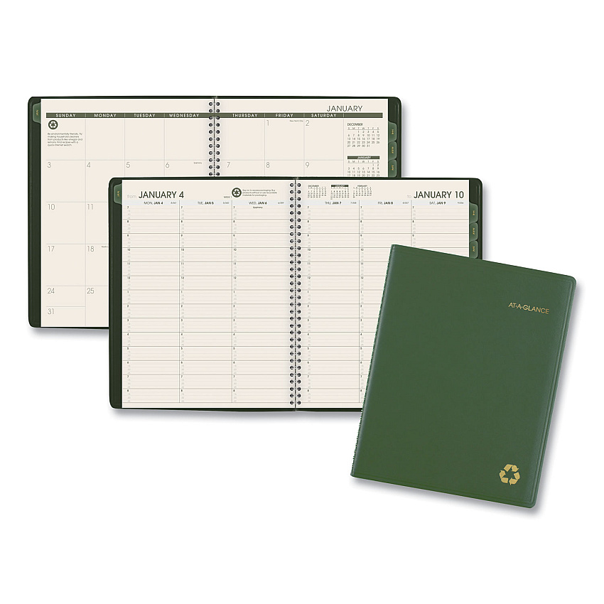 AT-A-GLANCE Recycled Weekly Vertical-Column Format Appointment Book, 11 x 8.25, Green Cover, 12-Month (Jan to Dec): 2026 (70950G60)