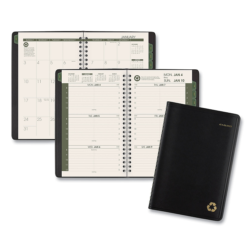 AT-A-GLANCE Recycled Weekly Block Format Appointment Book, 8.5 x 5.5, Black Cover, 12-Month (Jan to Dec): 2026 (70100G05)