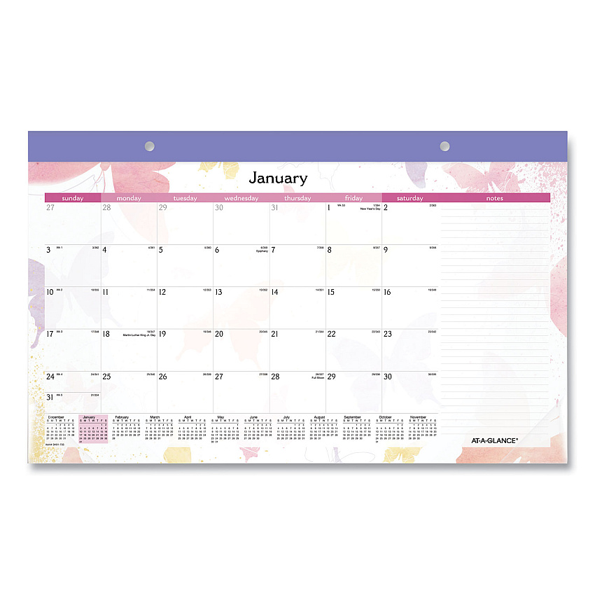 AT-A-GLANCE Watercolors Monthly Desk Pad Calendar, Butterfly Artwork, 17.75 x 11, White Sheets, Purple Binding, 12-Month (Jan-Dec): 2026 (SK91705)