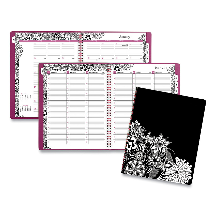 Cambridge Floradoodle Weekly/Monthly Professional Planner, Floral Artwork, 11 x 8.5, Black/White Cover, 12-Month (Jan-Dec): 2026 (589905)