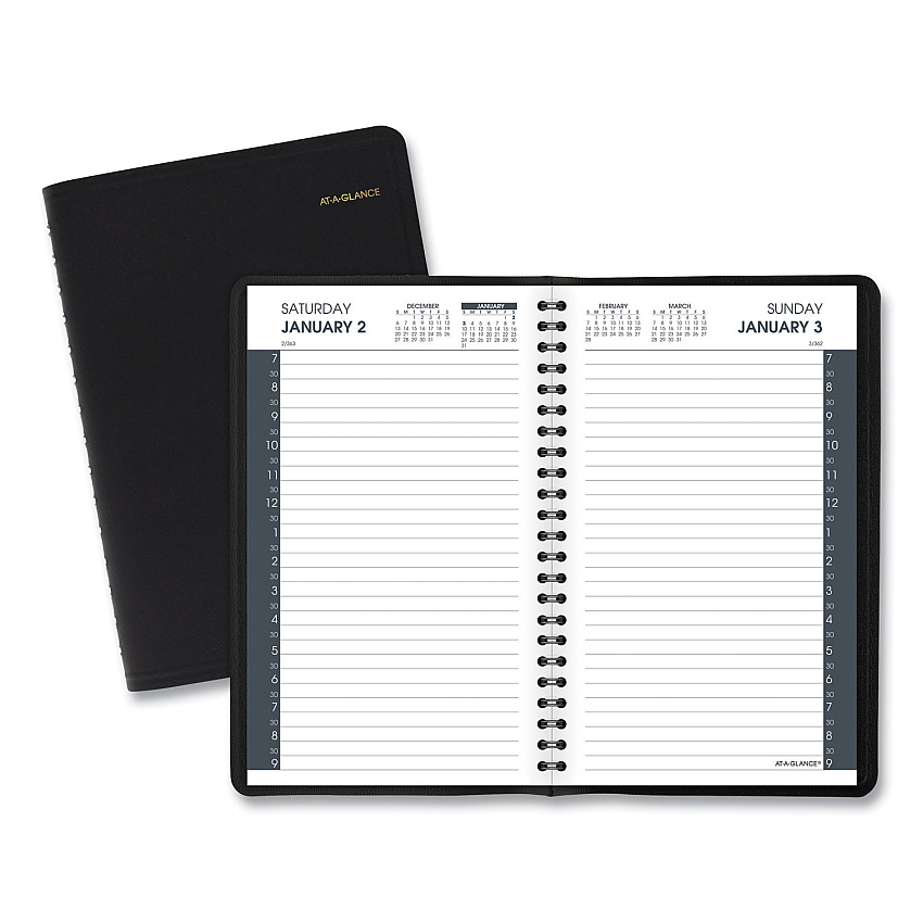 AT-A-GLANCE Daily Appointment Book with 30-Minute Appointments, 8 x 5, Black Cover, 12-Month (Jan to Dec): 2026 (7020705)