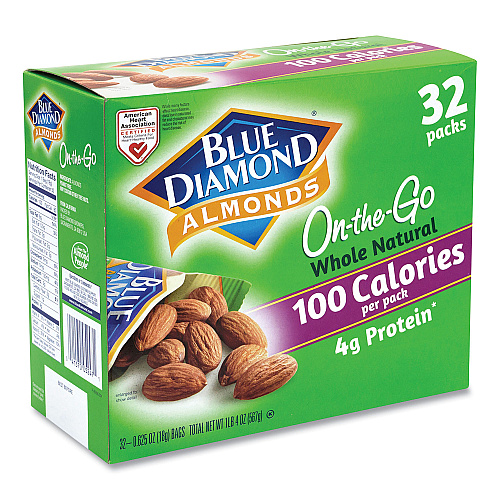 BlueDiamond Whole Natural Almonds On-the-Go, 0.63 oz Pouch, 32 Pouches/Carton (22000512)