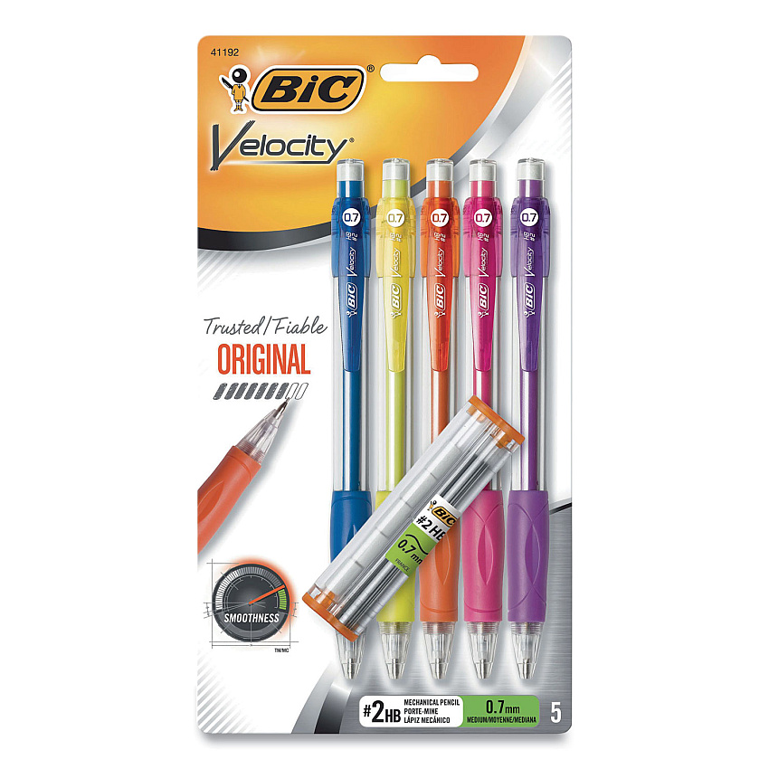 BIC Velocity Original Mechanical Pencil, 0.7 mm, HB (#2), Black Lead, Assorted Barrel Colors, 5/Pack (41192)