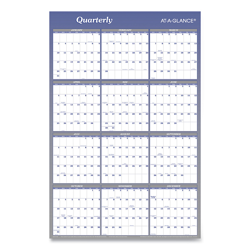 AT-A-GLANCE Vertical/Horizontal Erasable Quarterly/Monthly Wall Planner, 24 x 36, White/Blue Sheets, 12-Month (Jan to Dec): 2026 (A1102)