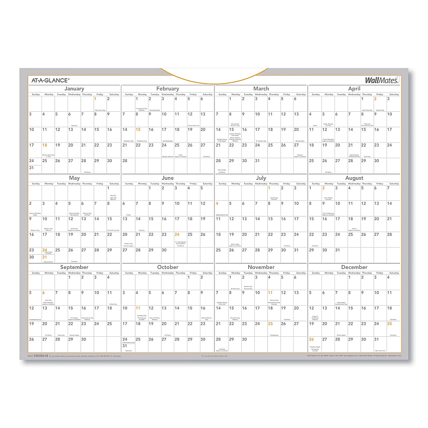 AT-A-GLANCE WallMates Self-Adhesive Dry Erase Yearly Planning Surfaces, 24 x 18, White/Gray/Orange Sheets, 12-Month (Jan to Dec): 2026 (AW506028)