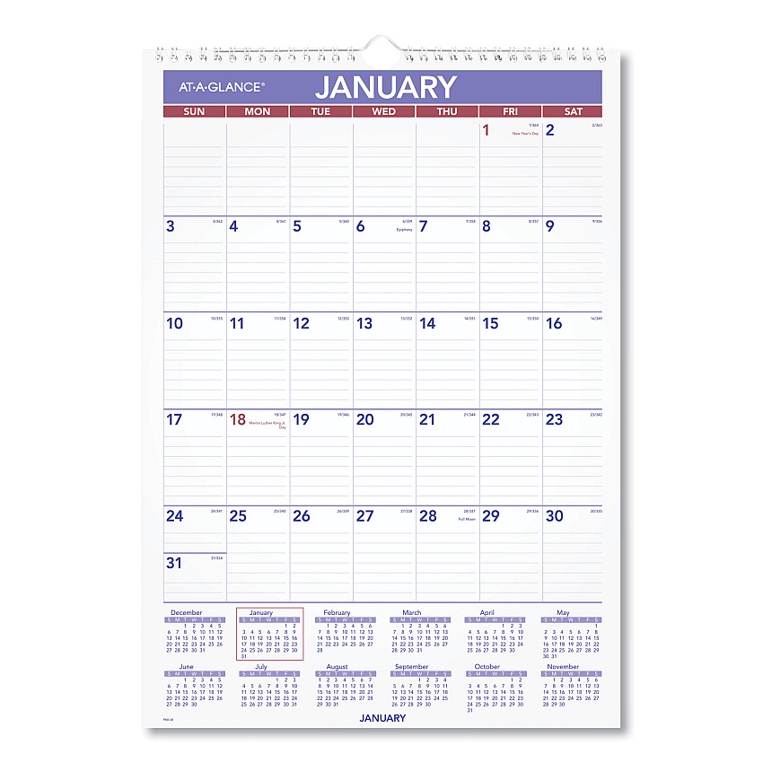 AT-A-GLANCE Monthly Wall Calendar with Ruled Daily Blocks, 12 x 17, White Sheets, 12-Month (Jan to Dec): 2026 (PM228)
