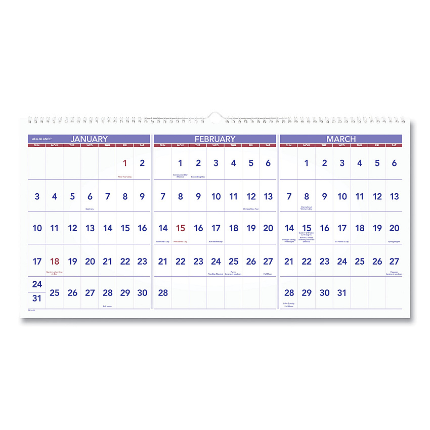 AT-A-GLANCE Deluxe Three-Month Reference Wall Calendar, Horizontal Orientation, 24 x 12, White Sheets, 15-Month: Dec 2025 to Feb 2027 (PM1428)