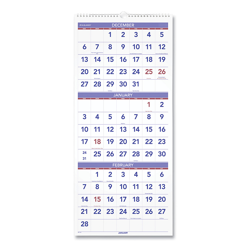 AT-A-GLANCE Deluxe Three-Month Reference Wall Calendar, Vertical Orientation, 12 x 27, White Sheets, 14-Month: Dec 2025 to Jan 2027 (PM1128)