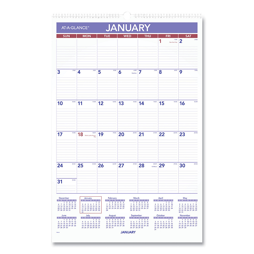 AT-A-GLANCE Monthly Wall Calendar with Ruled Daily Blocks, 15.5 x 22.75, White Sheets, 12-Month (Jan to Dec): 2026 (PM328)