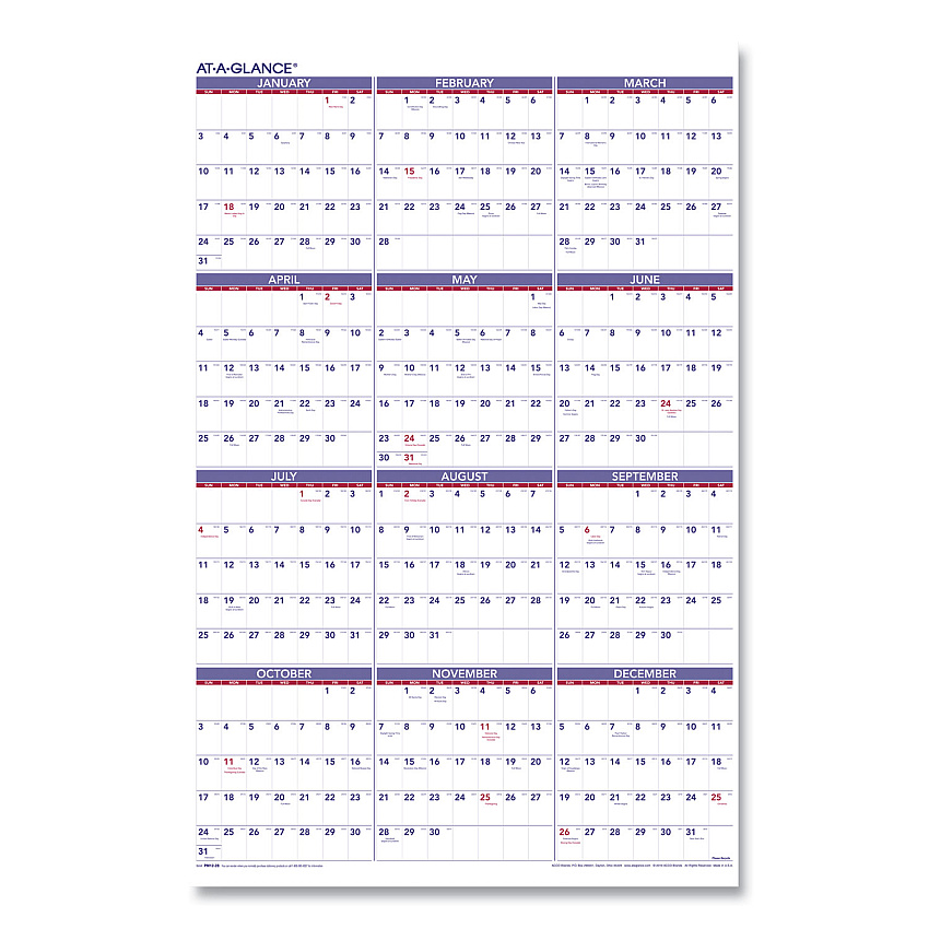 AT-A-GLANCE Yearly Wall Calendar, 24 x 36, White Sheets, 12-Month (Jan to Dec): 2026 (PM1228)
