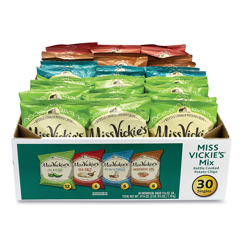 Miss Vickie's Kettle Cooked Chips Variety Mix, Four Assorted Flavors, 1.38 oz Bags, 30 Bags/Carton (29500010)