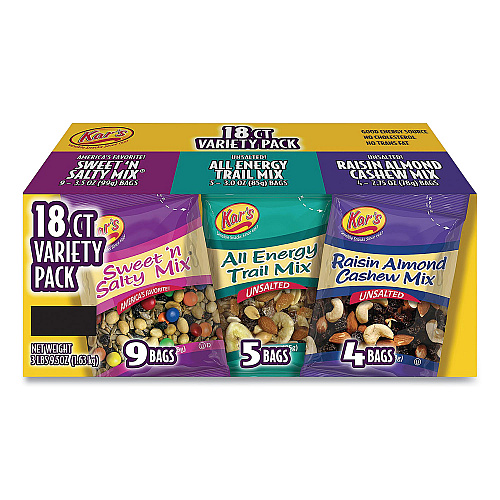 Kar's Trail Mix Variety Pack, Assorted Flavors, 18 Packets/Carton (28800004)