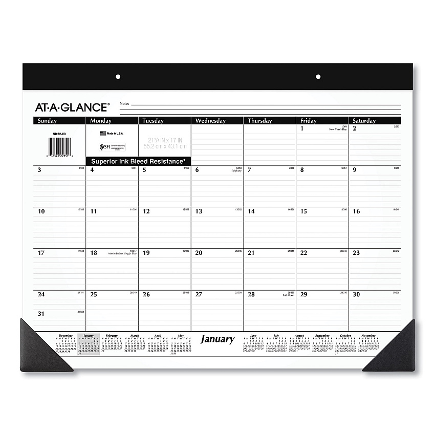 AT-A-GLANCE Monthly Refillable Desk Pad, 22 x 17, White Sheets, Black Binding, Black Corners, 12-Month (Jan to Dec): 2026 (SK2200)
