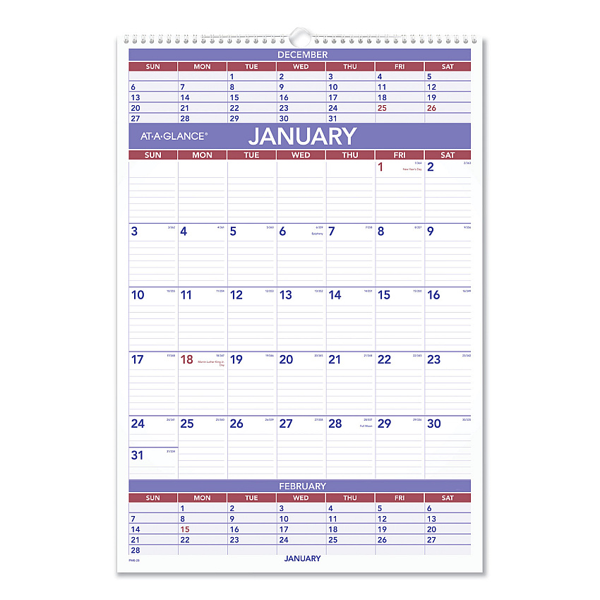 AT-A-GLANCE Three-Month Wall Calendar, 15.5 x 22.75, White Sheets, 12-Month (Jan to Dec): 2026 (PM628)