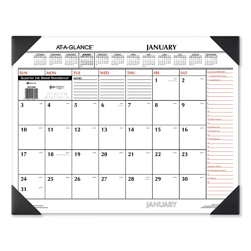 AT-A-GLANCE Two-Color Monthly Desk Pad Calendar, 21.75 x 17, White Sheets, Black Corners, 12-Month (Jan to Dec): 2026 (SK117000)