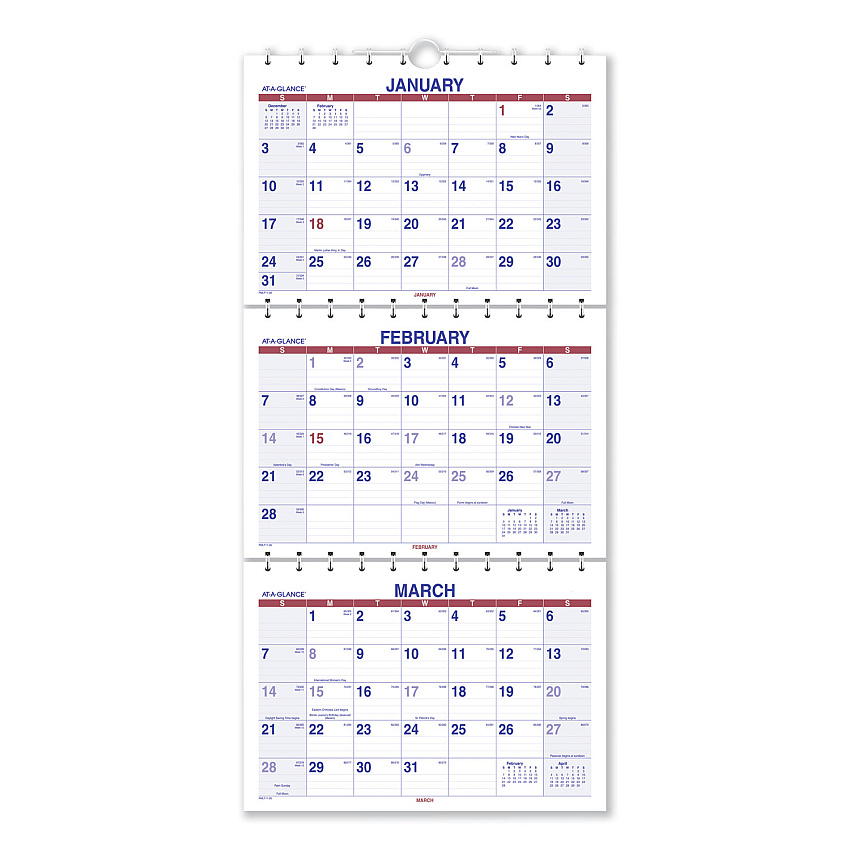 AT-A-GLANCE Move-A-Page Three-Month Wall Calendar, 12 x 27, White/Red/Blue Sheets, 15-Month: Dec 2025 to Feb 2027 (PMLF1128)