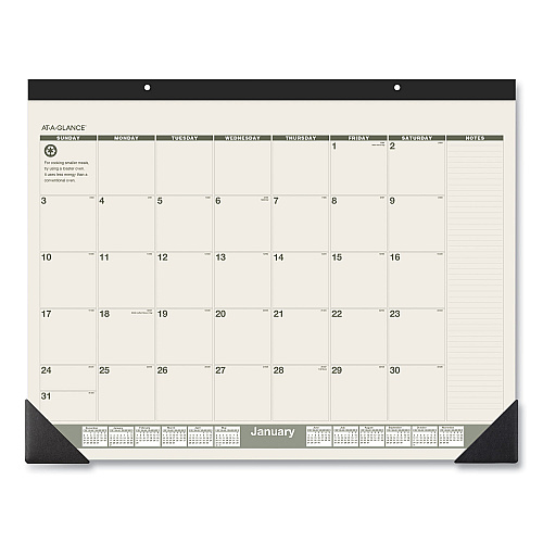 AT-A-GLANCE Recycled Monthly Desk Pad, 22 x 17, Sand/Green Sheets, Black Binding, Black Corners, 12-Month (Jan to Dec): 2026 (SK32G00)