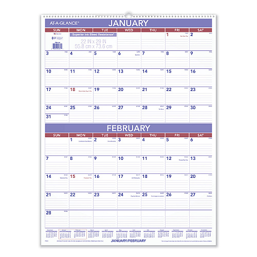 AT-A-GLANCE Two-Month Wall Calendar, 22 x 29, White/Blue/Red Sheets, 12-Month (Jan to Dec): 2026 (PM928)